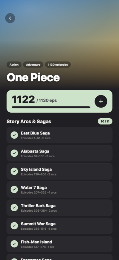 Grand Log One Piece detail screen showing story arcs and sagas